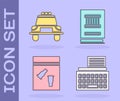 Set Retro typewriter, Police car and flasher, Evidence bag and bullet and Law book icon. Vector Royalty Free Stock Photo