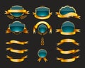 Set of retro vintage banners. Golden shields, ribbons, laurel branches and badges of the color of turkiz. Color vector