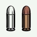 Set of retro vintage bullets in monochrome and color mode. 9mm ammo for pistol gun. Line woodcut style. Royalty Free Stock Photo