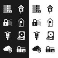 Set Retro wall watch, Cyber security, Server with lock, , Electric scooter and Hard disk drive and icon. Vector Royalty Free Stock Photo