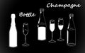 Set retro white bottle, line drawing glasses and champagne silhouettes, old fashioned vintage hand drawing on black background. Royalty Free Stock Photo