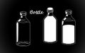 Set retro white bottle silhouette, old fashioned vintage hand drawing on black background. Vector illustration isolated Royalty Free Stock Photo