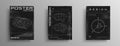 Set of retrofuturistic black and white posters with HUD elements, geometry 3D space in the form of a circle with three