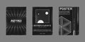 Set of retrofuturistic design posters. Cyberpunk 80s style posters with perspective grids, black hole tunnel, and