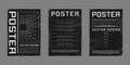 Set of retrofuturistic design posters. Cyberpunk 80s style posters with perspective grid tunnels. Shabby scratched flyer