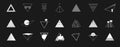Set of retrowave design elements. Triangle shapes with the sun, palm tree, motorcyclist, sunglasses, pyramid, line style
