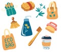 Set of reusable items and packaging. Objects on the topic of ecology, zero waste durable and reusable items or products. Eco bags