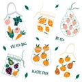 Set of reusable mesh bags with organic vegetables. No plastic concept