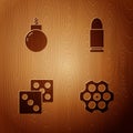 Set Revolver cylinder, Bomb ready to explode, Game dice and Bullet on wooden background. Vector