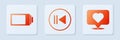 Set Rewind, Battery charge level indicator and Like and heart. White square button. Vector Royalty Free Stock Photo