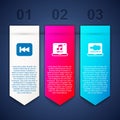 Set Rewind button, Laptop with music and Sound or audio recorder. Business infographic template. Vector