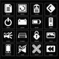Set of Rewind, Multiply, Smartphone, Unlocked, Speaker, Battery, Switch, Id card, Notepad icons