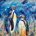 Indigo Penguin Luminous Watercolor Painting Of Penguins In The Woods
