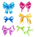 Set of ribbons bows various colors isolated made in watercolor