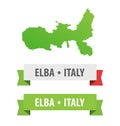 Set of Ribbons with Elba, Italy caption and Map of Elba Island in Italy. Vector design elements isolated on white.