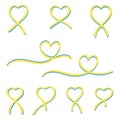 Set of ribbons in the shape of hearts in colors of Ukrainian flag.