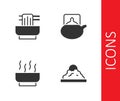 Set Rice in a bowl, Asian noodles, Ramen soup and Traditional tea ceremony icon. Vector