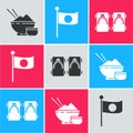 Set Rice in a bowl with chopstick, National flag of Japan on pole and Geta traditional Japanese shoes icon. Vector Royalty Free Stock Photo