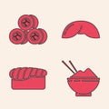 Set Rice in a bowl with chopstick, Sushi, Chinese fortune cookie and Sushi icon. Vector