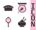 Set Rice in a bowl with chopstick, Sushi, Chinese paper lantern and Gong icon. Vector