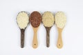 Set of rice collection on ladle isolated on white background Royalty Free Stock Photo