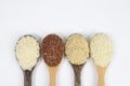 Set of rice collection on ladle isolated on white background Royalty Free Stock Photo