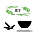 Set of rice plants and bowl with long-grained rice and chopsticks