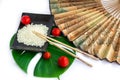 Set of rice, tomatoes, chopsticks, green leaf and trans Royalty Free Stock Photo