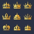 Set of rich golden crowns. Vector flat illustration