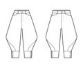 Set of Riding breeches shorts pants technical fashion illustration with knee length, low waist, rise, curved pocket