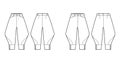 Set of Riding breeches shorts pants technical fashion illustration with knee length, low waist, rise, curved pocket