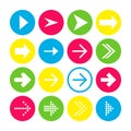 Set of 16 right arrow icons. Arrow buttons on white background in crimson, blue, yellow and transparent circles