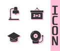 Set Ringing alarm bell, Table lamp, Graduation cap and Chalkboard icon. Vector