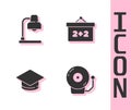 Set Ringing alarm bell, Table lamp, Graduation cap and Chalkboard icon. Vector Royalty Free Stock Photo