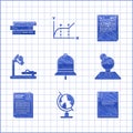 Set Ringing bell, Earth globe, Notebook, Teacher, File document and paper clip, Microscope, Exam with incorrect answers