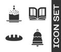 Set Ringing bell, Easter cake and candle, Bread loaf and Holy bible book icon. Vector