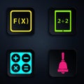 Set Ringing bell, Function mathematical symbol, Calculator and Tablet with calculator. Black square button. Vector