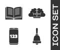 Set Ringing bell, Open book, Mobile calculator interface and Human brain icon. Vector