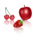 Set of ripe fruit on light background, red Apple, cherry and strawberry on white background, vector illustration