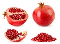 Set of ripe pomegranate, half, piece and bunch of grains close up on a white. Isolated.