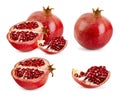 Set of ripe pomegranate, half and piece on a white background.