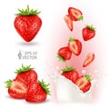 Set of ripe red strawberries. Juicy berries falling into milk or yogurt splash. 3d realistic vector illustration isolated on white Royalty Free Stock Photo