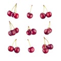 Set of ripe red sweet cherries isolated on white Royalty Free Stock Photo