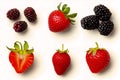 Set of ripe summer (blackberry, blueberry, gooseberry, strawberry, raspberry) berries on white background.