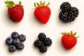 Set of ripe summer (blackberry, blueberry, gooseberry, strawberry, raspberry) berries on white background. Top-view.