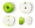 Set of ripe whole and half and slice green apples isolated on white background with clipping path. Royalty Free Stock Photo