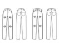 Set of Ripped Jeans distressed Denim pants technical fashion illustration with full length, normal waist, 5 pockets