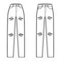 Set of Ripped Jeans distressed Denim pants technical fashion illustration with full length, normal waist, 5 pockets