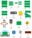 Set of road green traffic sign board. Group Blank board with place for text. Collection Traffic sign board mockup.