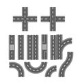 Set of Road Sections Including Straight, Curved, And Intersection Elements In A Monochrome Style, Vector